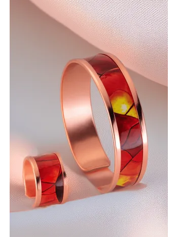 Kadın Bakır Bileklik Yüzük Set - Sunny Model Özel Baskı Metal Kutu Ve Kuvars Taşı