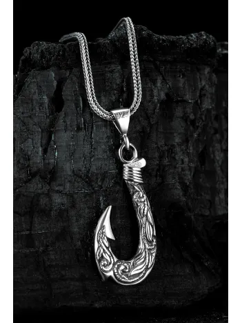 Erkek Gümüş Kolye - Balıkçı Olta Kanca Motifli Tilki Kuyruğu Zincir Erkek Gümüş Kolye