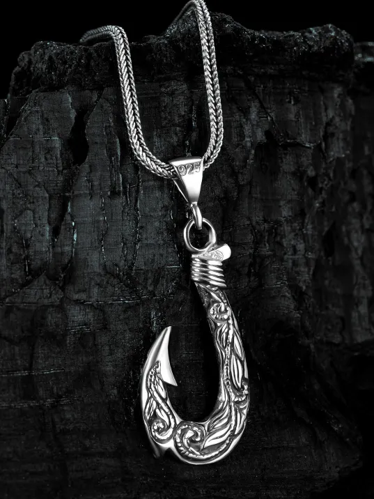 Erkek Gümüş Kolye - Balıkçı Olta Kanca Motifli Tilki Kuyruğu Zincir Erkek Gümüş Kolye