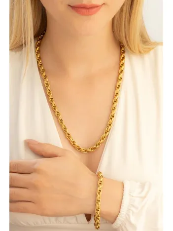 Kadın Çelik Kolye Bileklik Set - Altın Kaplama Sarmal Model Çelik Bileklik Kolye Set