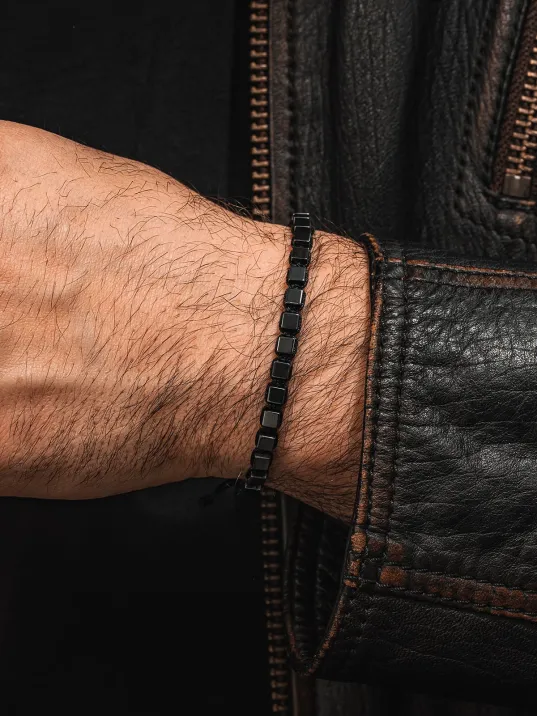 Erkek Kadın Doğal Taş Bileklik - Siyah Hematit Doğal Taşlı Makrome Küp Model Unisex Bileklik