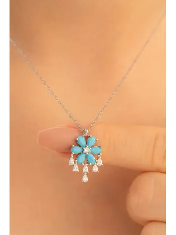 Kadın Gümüş Kolye - Zirkon Taşlı Ve Turkuaz Taşlı Çiçek Motifli Gümüş Kolye