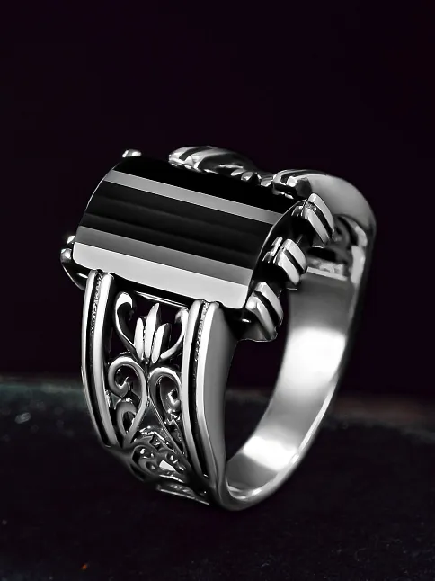 Erkek Gümüş Yüzük - Siyah Oniks Taşlı Oval Model Erkek Yüzük