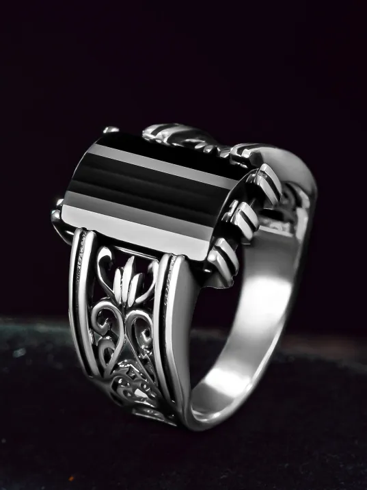 Erkek Gümüş Yüzük - Siyah Oniks Taşlı Oval Model Erkek Yüzük