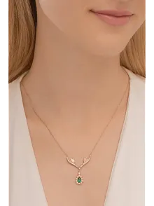 Kadın Gümüş Kolye - 925 Ayar Rose Kaplama Kanatlı Zümrüt Taşlı Damla Model Kadın Kolye