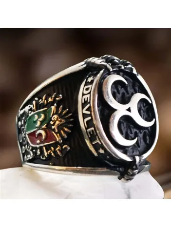 Devlet Ebed Müddet Yazılı Üç Hilalli Erkek Gümüş Yüzük