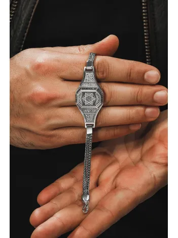 Erkek Gümüş Bileklik - Hz Süleyman İşlemeli Tilkikuyruğu Zincirli Model 2 Erkek Bileklik