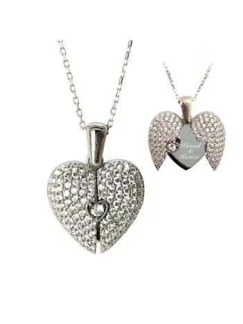 Zirkon Taşlı Gizli İsimli Kalp Model Bayan Gümüş Kolye