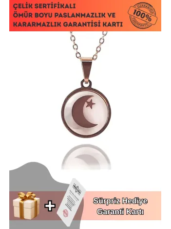 Ay Yıldız Paslanmaz Çelik Rose Renk Bayan Kolye