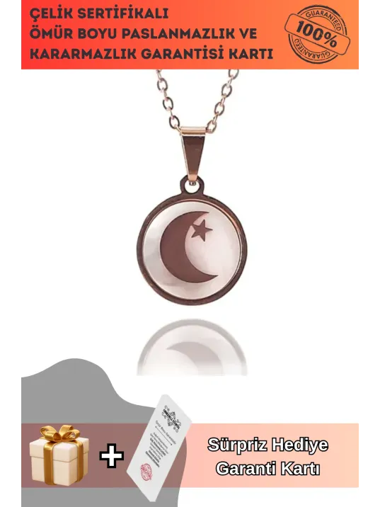 Ay Yıldız Paslanmaz Çelik Rose Renk Bayan Kolye