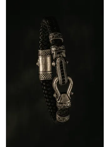 Çapa Kilitli Gümüş Detaylı Siyah Erkek Bileklik – Örgü Deri Tasarım, Etnik Dokulu