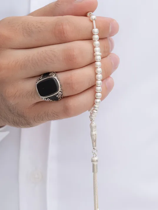 Gümüş Tespih - Çizgili Küre Kesim Minik Maskot Boy 12,5 gr