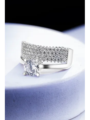 Kadın Gümüş Yüzük - Dört Sıra Tektaş Zirkon Taşlı Kombin Kadın Gümüş Yüzük