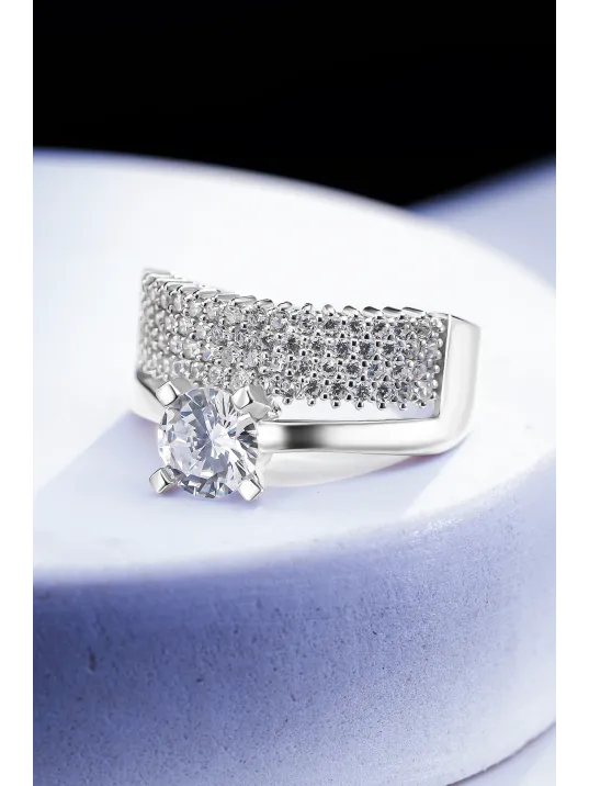 Kadın Gümüş Yüzük - Dört Sıra Tektaş Zirkon Taşlı Kombin Kadın Gümüş Yüzük