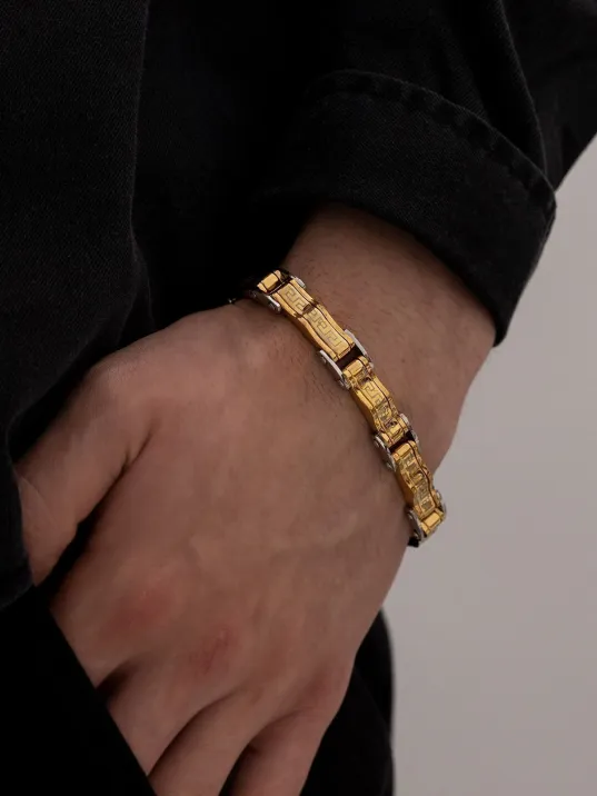 Grek Dalgalı Çelik Sarı Erkek Bileklik Künye Cblaltgrek1