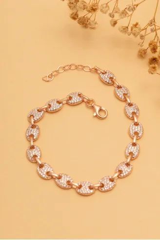Kadın Gümüş Bileklik - Full Rose Altın Kaplama Zirkon Taşlı Gemici Model Gümüş Bileklik