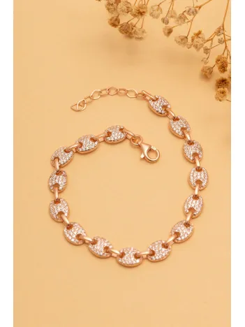 Kadın Gümüş Bileklik - Full Rose Altın Kaplama Zirkon Taşlı Gemici Model Gümüş Bileklik