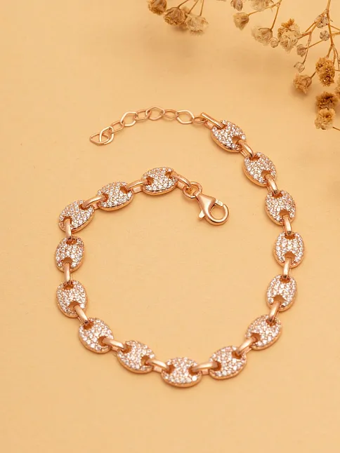 Kadın Gümüş Bileklik - Full Rose Altın Kaplama Zirkon Taşlı Gemici Model Gümüş Bileklik