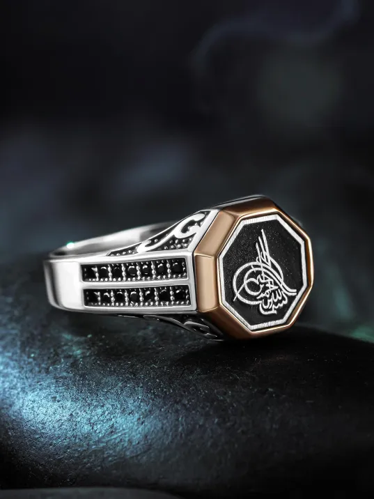 Erkek Gümüş Yüzük - Zirkon Taşlı Osmanlı Tuğrası İşlemeli Erkek Yüzük