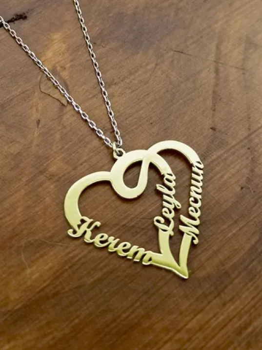 Çift Kalp Kişiye Özel İsimli Bayan Altın Renk Kolye GKLALT3ISMK