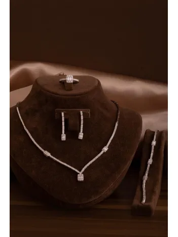 Kadın Gümüş Takı Seti - Feride Baget Taşlı Kolye, Bileklik, Yüzük, Küpe Tam Set