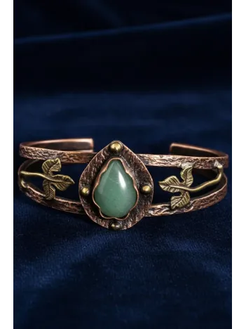 Kadın Bakır Bileklik - Yeşil Aventurin Taşlı Damla Model Kadın Bilezik Metal Kutu ve Doğal Taşlar