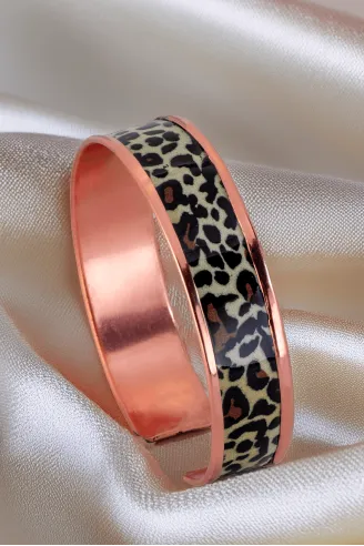 Kadın Bakır Bileklik Yüzük Set - Leopar Model Özel Baskı Metal Kutu Ve Kuvars Taşı