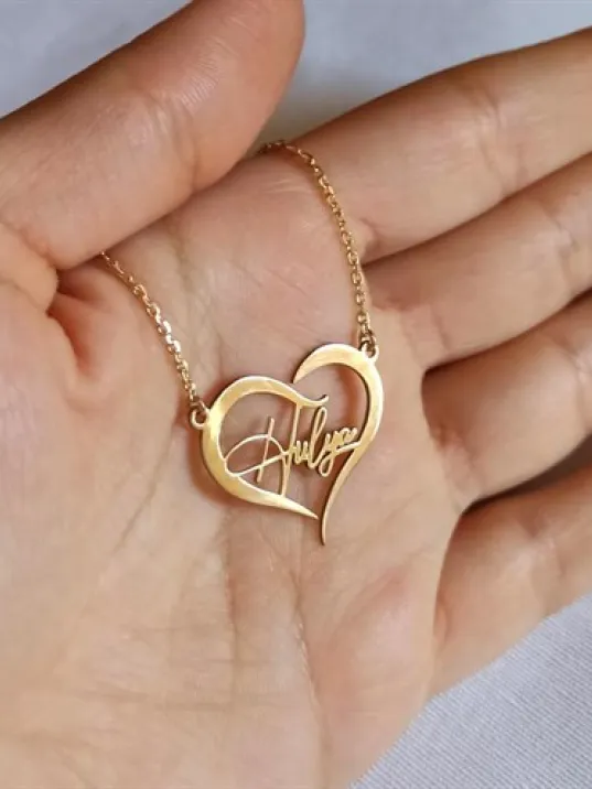 Kişiye Özel Kalp İçinde İmza İsim Yazılan Altın Renk Bayan Gümüş Kolye Zincir GKLALTISIMY
