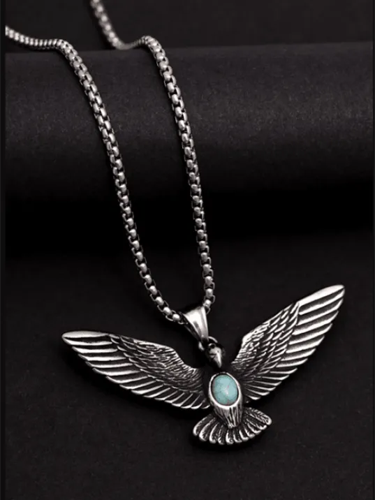 Erkek Kolye - Kartal Motifli Turkuaz Taşlı Erkek Çelik Kolye - 316 L Paslanmaz Çelik