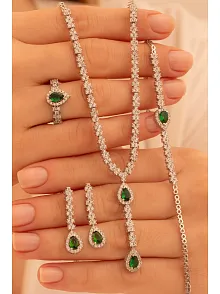Kadın Gümüş Takı Seti - Lera Zümrüt Taşlı Mekik Model Kolye, Bileklik, Yüzük, Küpe Tam Set