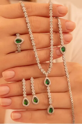 Kadın Gümüş Takı Seti - Lera Zümrüt Taşlı Mekik Model Kolye, Bileklik, Yüzük, Küpe Tam Set