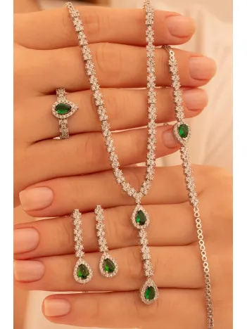 Kadın Gümüş Takı Seti - Lera Zümrüt Taşlı Mekik Model Kolye, Bileklik, Yüzük, Küpe Tam Set