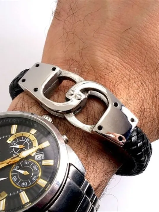 Ottoman Kelepçe Model Deri Çelik Erkek Bileklik