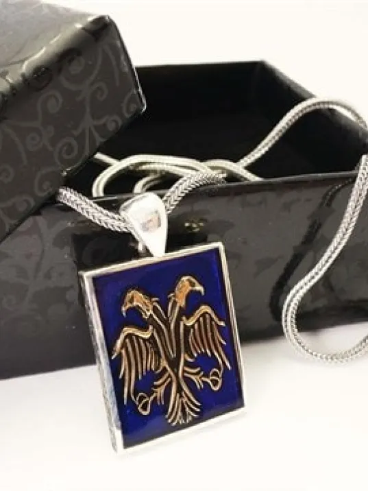 Mavi Mineli Çiftbaşlı Selçuklu Kartalı Erkek Gümüş Kolye Zincir Orta Boy