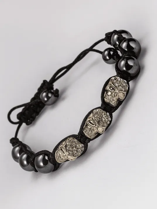 Erkek Doğal Taş Bileklik - Taşlı Kuru Kafa İşlemeli Gotik Model Ayarlanabilir İp Boncuk Taşlı Erkek