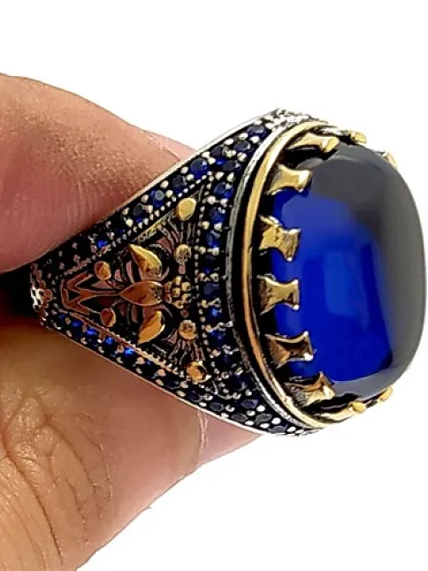 Safir Taşlı Otantik Tasarım Gümüş Erkek Yüzük