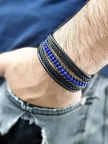 Mavi Faset Akik Doğal Taşlı Çoklu Deri Kordonlu Bileklik DBLIMT2D200-SYH