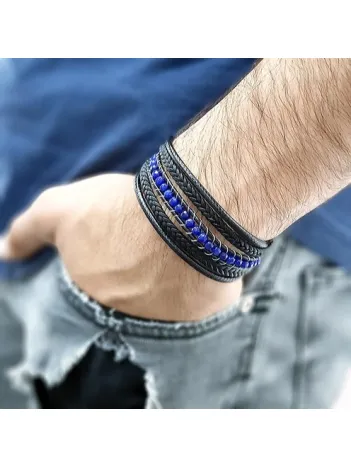 Mavi Faset Akik Doğal Taşlı Çoklu Deri Kordonlu Bileklik DBLIMT2D200-SYH