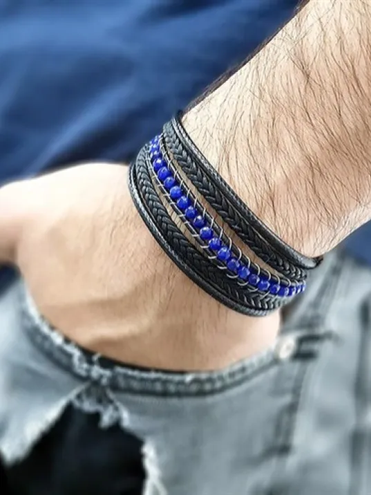 Mavi Faset Akik Doğal Taşlı Çoklu Deri Kordonlu Bileklik DBLIMT2D200-SYH