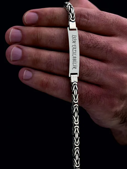 Erkek Gümüş Bileklik - İsim Yazılabilir 5.2 mm Kare kral Gümüş Bileklik