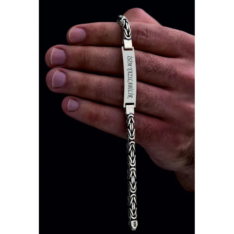 Erkek Gümüş Bileklik - İsim Yazılabilir 5.2 mm Kare kral Gümüş Bileklik