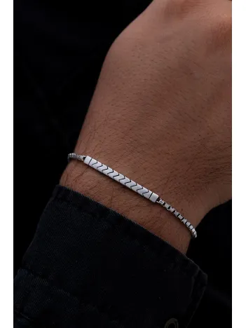 Erkek Gümüş Bileklik - Küp Zincirli Çizgili Model Gümüş Bileklik