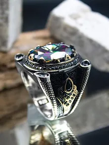 Mistik Topaz Taşlı Yanı Zirkon Taşlı İşlemeli Erkek Gümüş Yüzük GYZYZKEND02-KRS