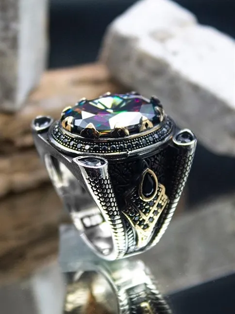 Mistik Topaz Taşlı Yanı Zirkon Taşlı İşlemeli Erkek Gümüş Yüzük GYZYZKEND02-KRS