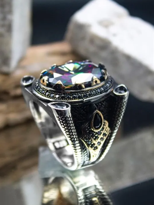 Mistik Topaz Taşlı Yanı Zirkon Taşlı İşlemeli Erkek Gümüş Yüzük GYZYZKEND02-KRS