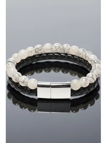Erkek Çelik Bileklik - Damarlı Doğal Ay Taşı ve Boncuk Deri Örgülü Erkek Bileklik Erkek Çelik Bileklik - Damarlı Doğal Ay Taşı ve Boncuk Deri Örgülü Erkek Bileklik