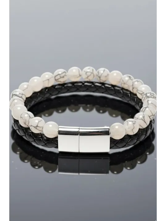 Erkek Çelik Bileklik - Damarlı Doğal Ay Taşı ve Boncuk Deri Örgülü Erkek Bileklik