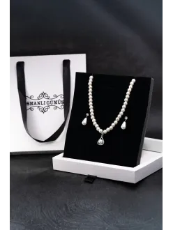 Kadın İnci Kolye Küpe Set - Victoria Model Çiçek Motifli Kadın İnci Set