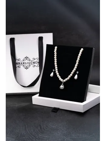 Kadın İnci Kolye Küpe Set - Victoria Model Çiçek Motifli Kadın İnci Set