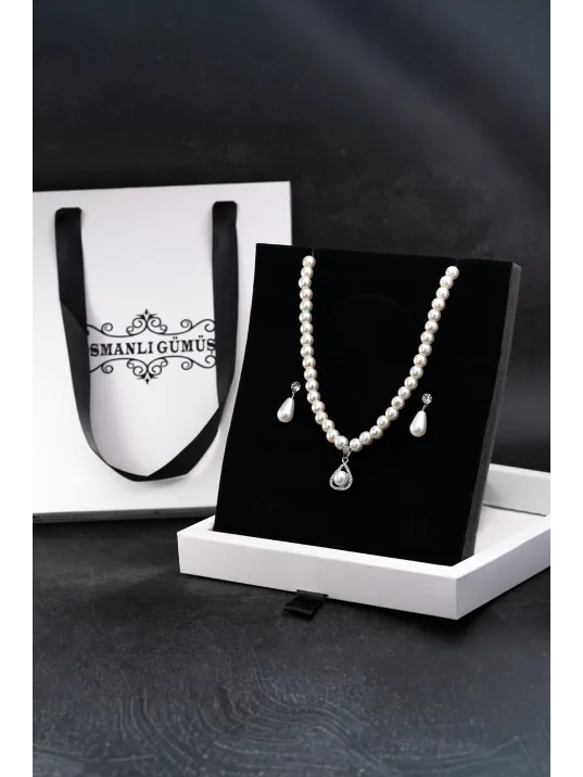 Kadın İnci Kolye Küpe Set - Victoria Model Çiçek Motifli Kadın İnci Set